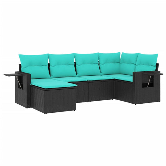 6-teiliges Gartensofa-Set mit Kissen, schwarzes Polyrattan