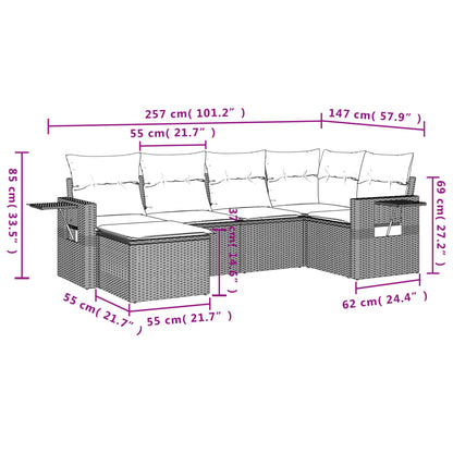 6-teiliges Gartensofa-Set mit Kissen, schwarzes Polyrattan