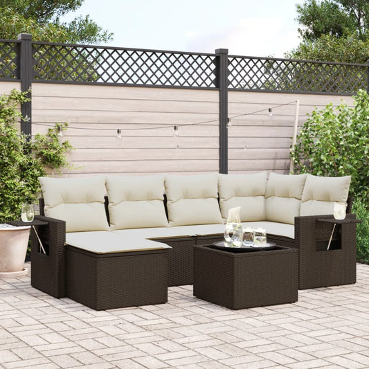 7-tlg. Garten-Sofagarnitur mit Kissen Braun Poly Rattan