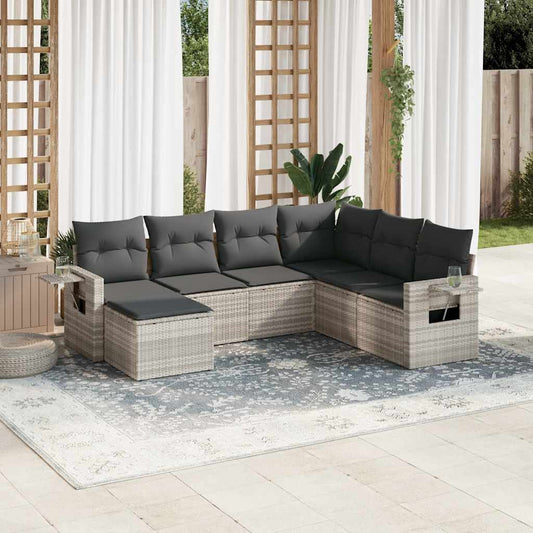 7-tlg. Garten-Sofagarnitur mit Kissen Hellgrau Poly Rattan