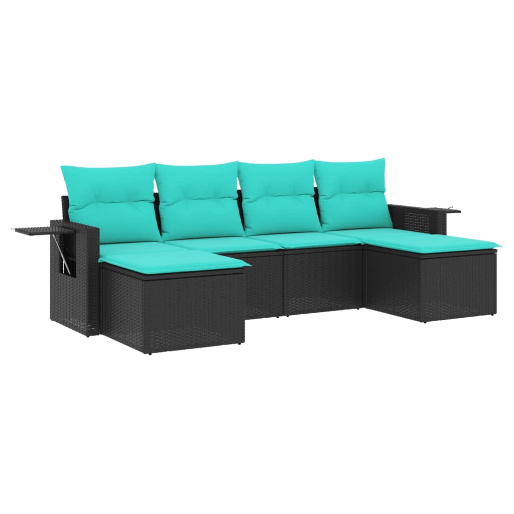 6-teiliges Gartensofa-Set mit Kissen, schwarzes Polyrattan