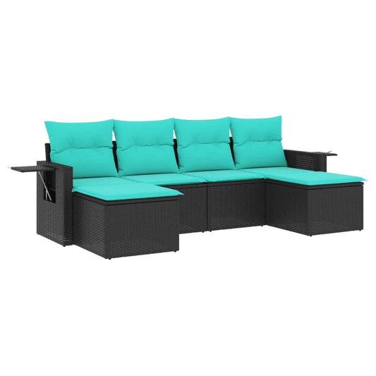 6-teiliges Gartensofa-Set mit Kissen, schwarzes Polyrattan