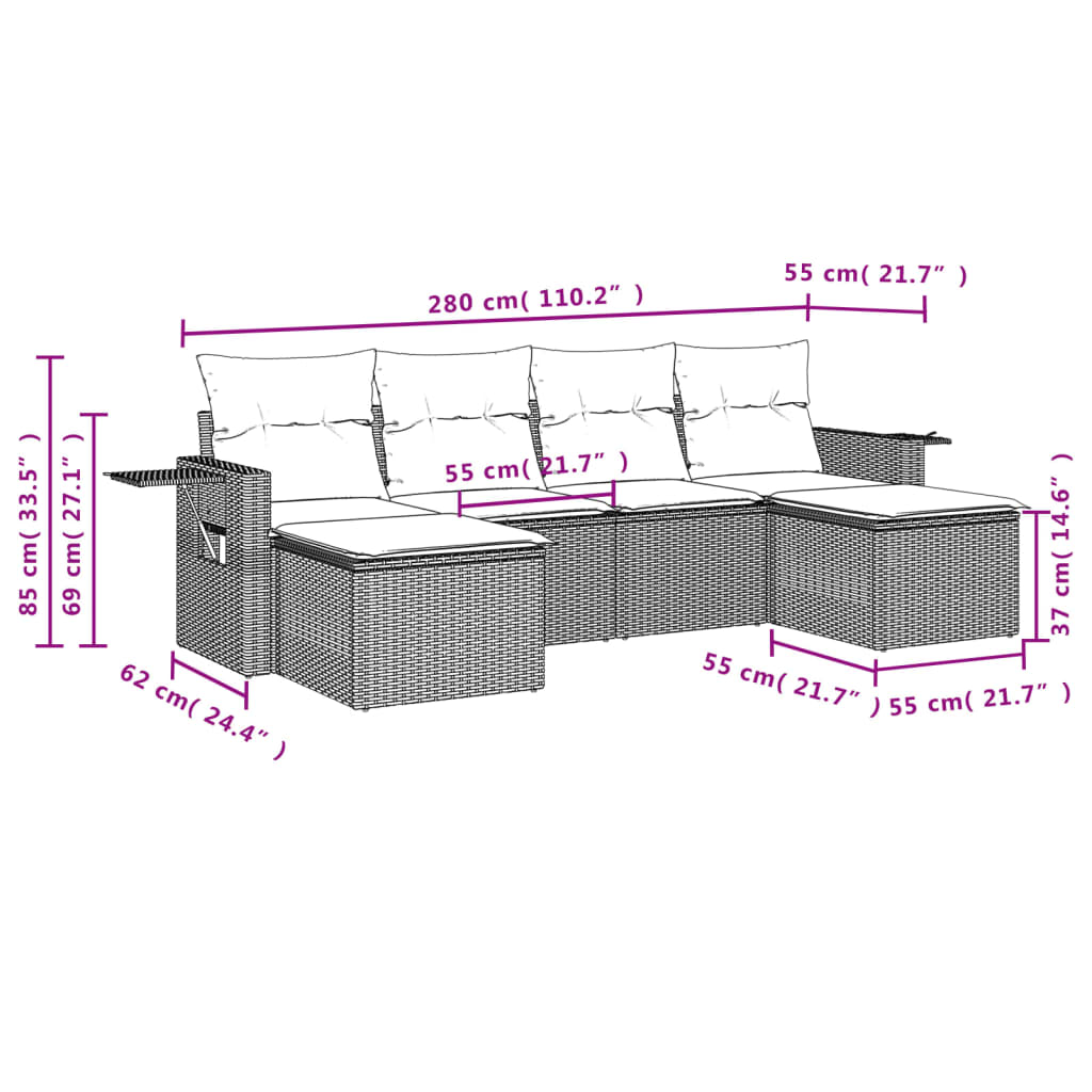 6-teiliges Gartensofa-Set mit Kissen, braun, Polyrattan