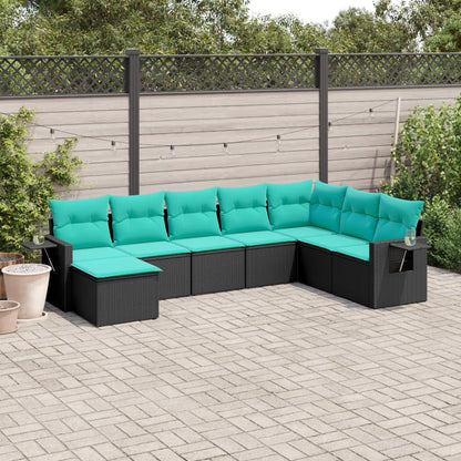 8-teiliges Gartensofa-Set mit Kissen, schwarzes Polyrattan