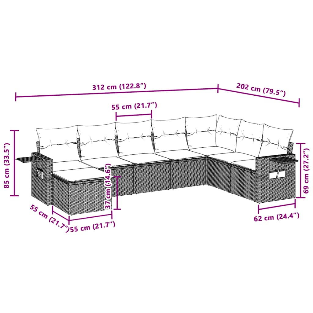 8-tlg. Garten-Sofagarnitur mit Kissen Hellgrau Poly Rattan