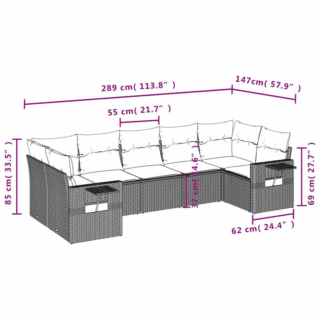 7-teiliges Gartensofa-Set mit Kissen, braun, Polyrattan