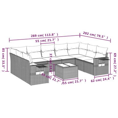 10-teiliges Gartensofa-Set mit Kissen, grau, Polyrattan