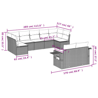 9-teiliges Gartensofa-Set mit Kissen, grau, Polyrattan