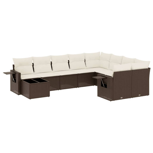 10-tlg. Garten-Sofagarnitur mit Kissen Braun Poly Rattan
