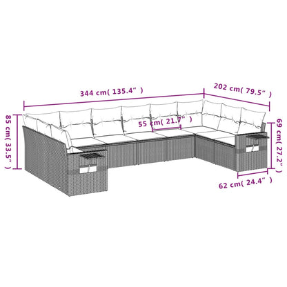 10-teiliges Gartensofa-Set mit Kissen, schwarzes Polyrattan