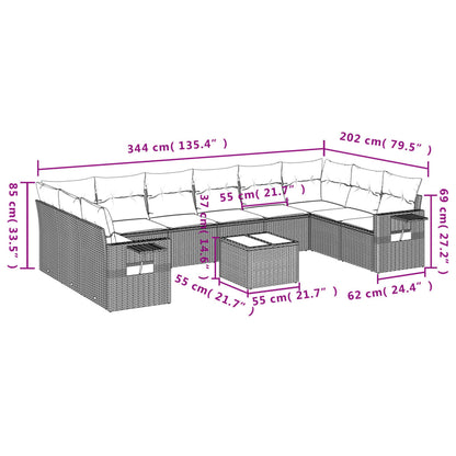 11-teiliges Gartensofa-Set mit Kissen, schwarzes Polyrattan