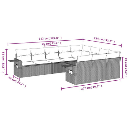 10-teiliges Gartensofa-Set mit Kissen, grau, Polyrattan