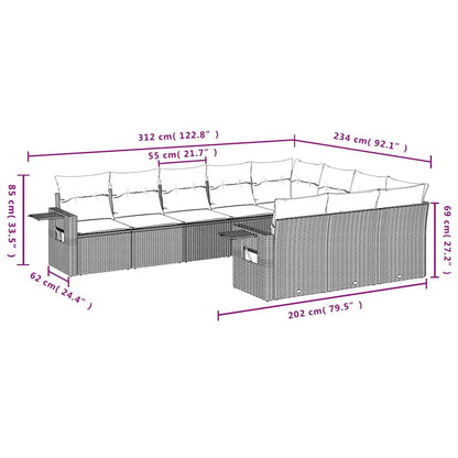 10-tlg. Garten-Sofagarnitur mit Kissen Hellgrau Poly Rattan