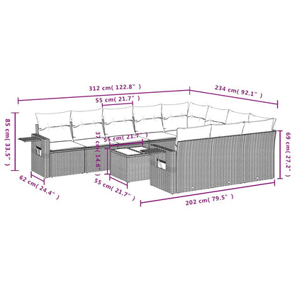11-tlg. Garten-Sofagarnitur mit Kissen Hellgrau Poly Rattan