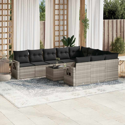 11-tlg. Garten-Sofagarnitur mit Kissen Hellgrau Poly Rattan
