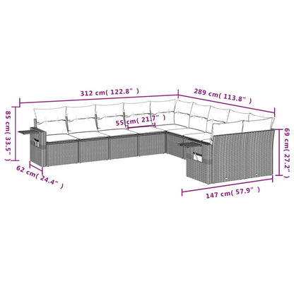10-teiliges Gartensofa-Set mit Kissen, schwarzes Polyrattan
