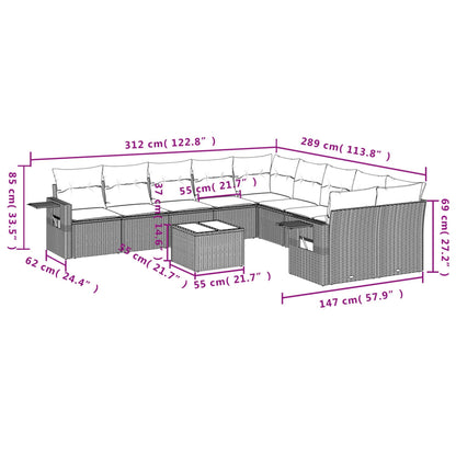 11-teiliges Gartensofa-Set mit Kissen, schwarzes Polyrattan