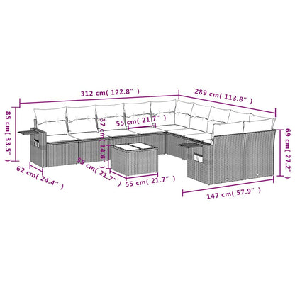 11-tlg. Garten-Sofagarnitur mit Kissen Hellgrau Poly Rattan