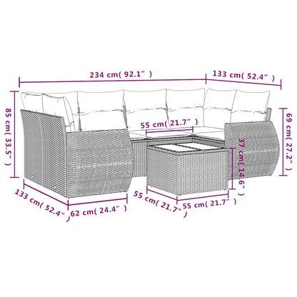 7-teiliges Gartensofa-Set mit Kissen, schwarzes Polyrattan