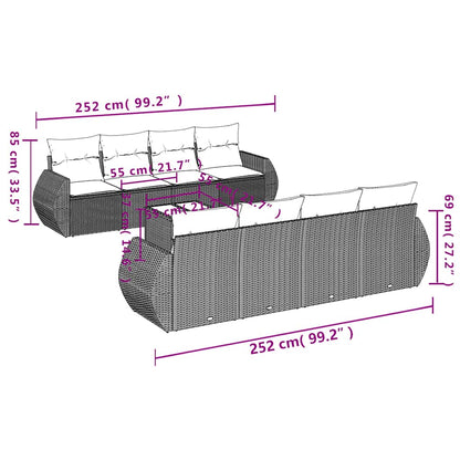 9-teiliges Gartensofa-Set mit Kissen, schwarzes Polyrattan