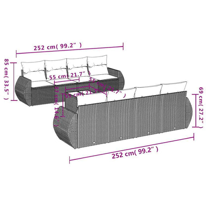 9-teiliges Gartensofa-Set mit Kissen, grau, Polyrattan