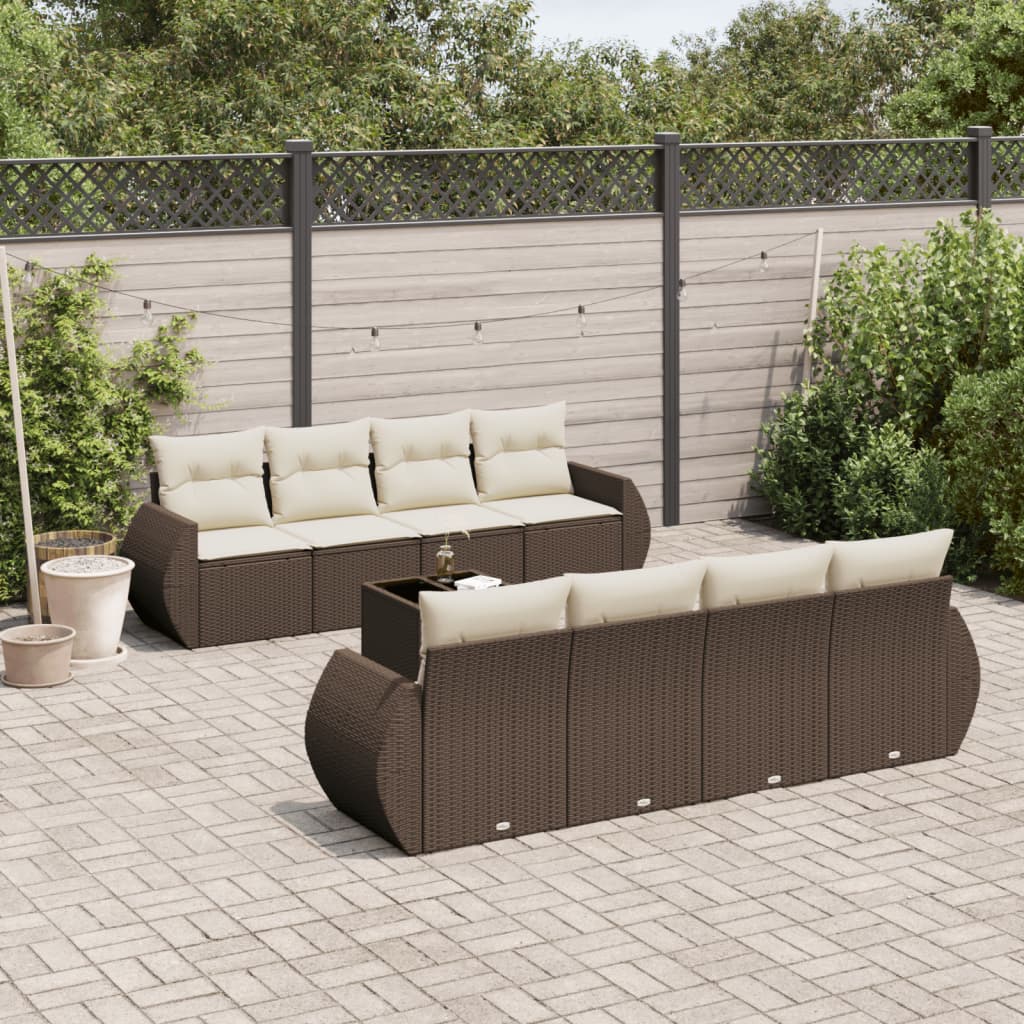 9-tlg. Garten-Sofagarnitur mit Kissen Braun Poly Rattan