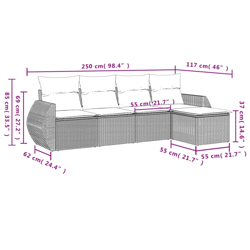 5-teiliges Gartensofa-Set mit Kissen, grau, Polyrattan