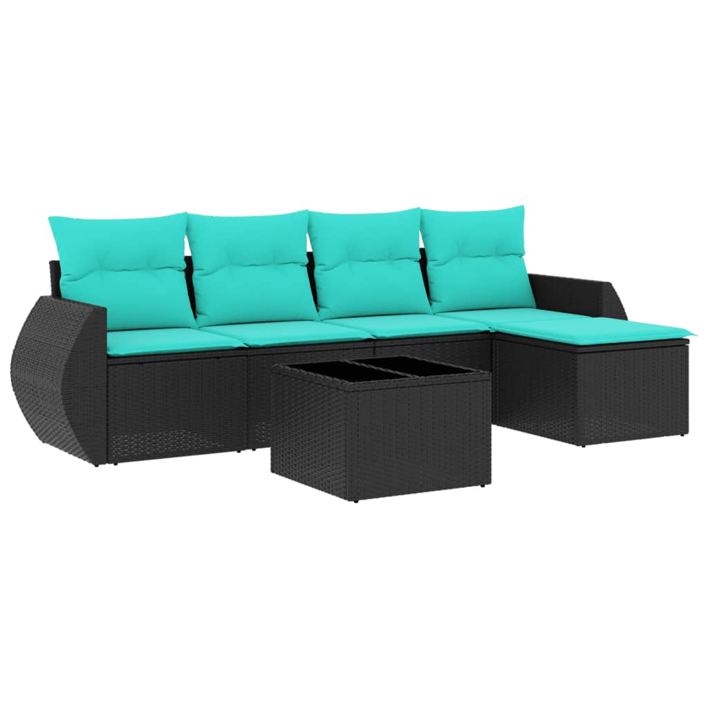 6-teiliges Gartensofa-Set mit Kissen, schwarzes Polyrattan