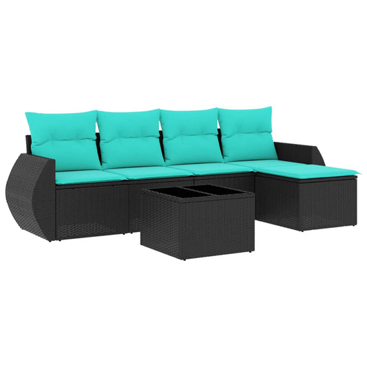 6-teiliges Gartensofa-Set mit Kissen, schwarzes Polyrattan