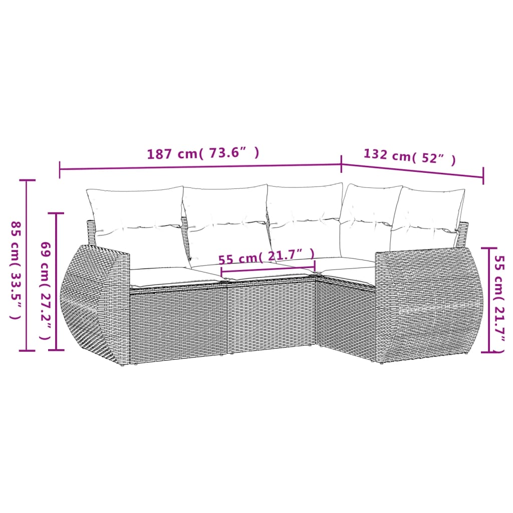 4-teiliges Gartensofa-Set mit Kissen, grau, Polyrattan