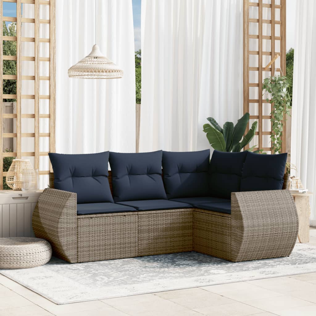 4-teiliges Gartensofa-Set mit Kissen, grau, Polyrattan