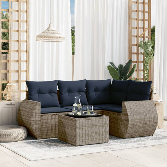 5-teiliges Gartensofa-Set mit Kissen, grau, Polyrattan