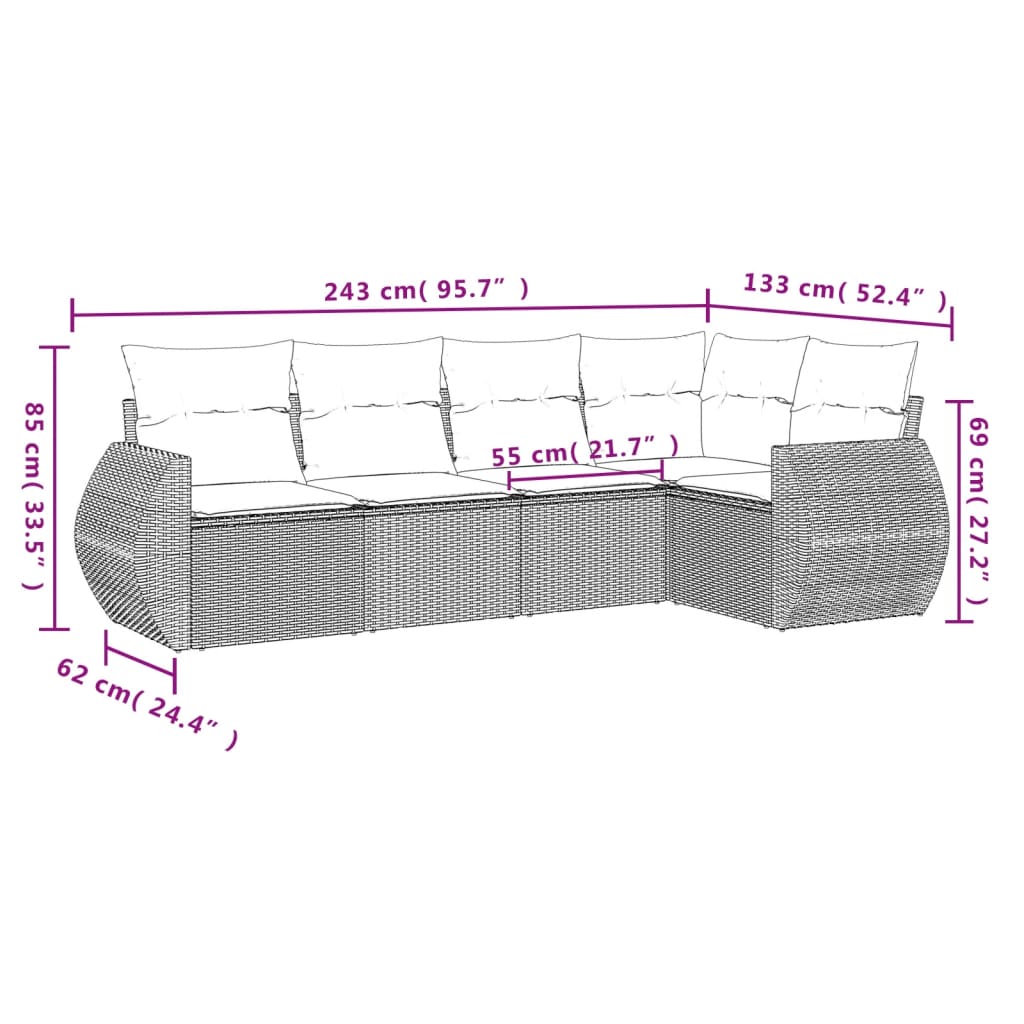 5-teiliges Gartensofa-Set mit Kissen, schwarzes Polyrattan