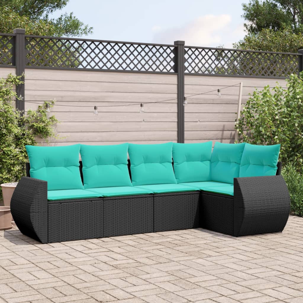 5-teiliges Gartensofa-Set mit Kissen, schwarzes Polyrattan