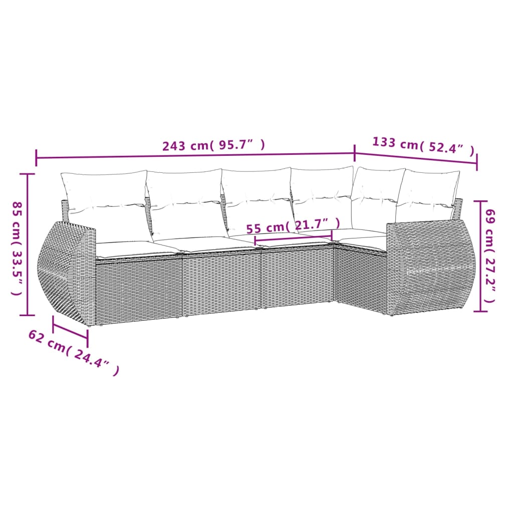 5-teiliges Gartensofa-Set mit Kissen, grau, Polyrattan