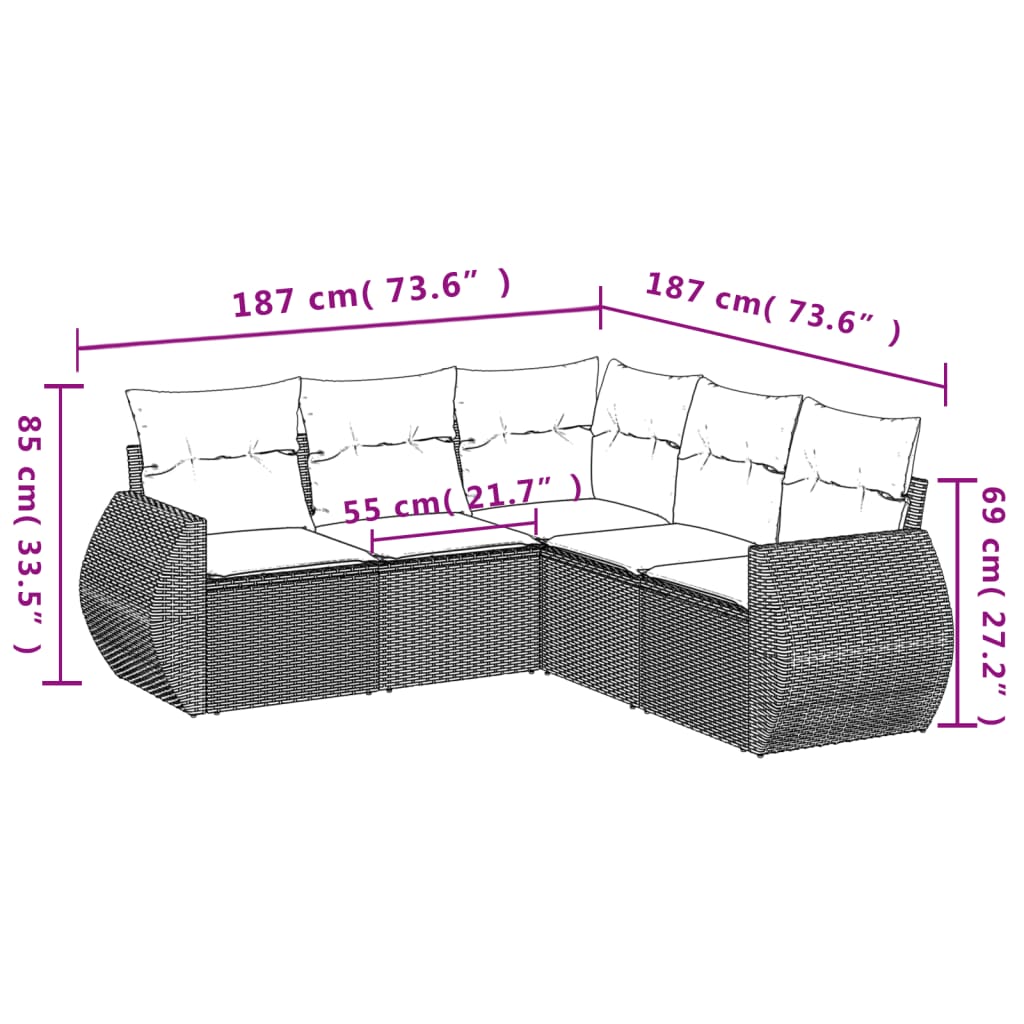 5-teiliges Gartensofa-Set mit Kissen, schwarzes Polyrattan