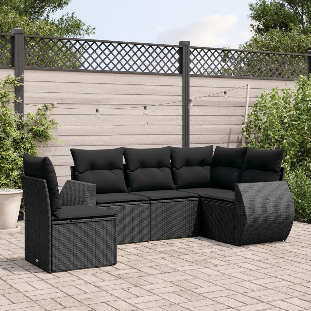 5-tlg. Garten-Sofagarnitur mit Kissen Schwarz Poly Rattan