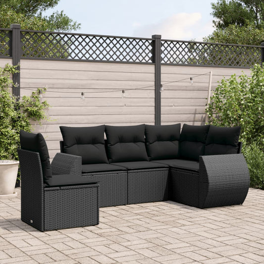 5-tlg. Garten-Sofagarnitur mit Kissen Schwarz Poly Rattan