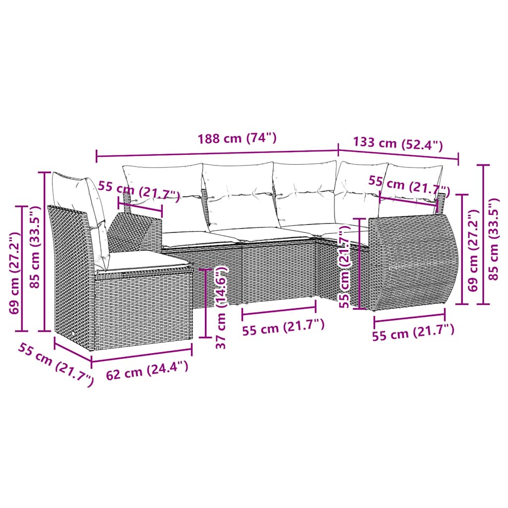 5-tlg. Garten-Sofagarnitur mit Kissen Hellgrau Poly Rattan