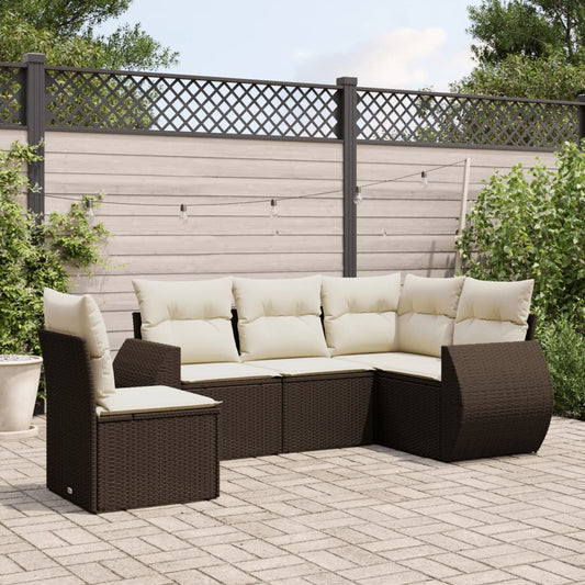 5-tlg. Garten-Sofagarnitur mit Kissen Braun Poly Rattan