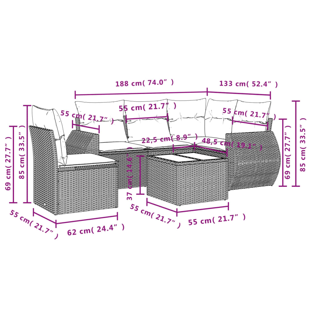 6-teiliges Gartensofa-Set mit Kissen, schwarzes Polyrattan