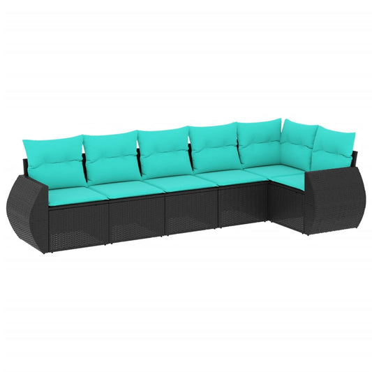 6-teiliges Gartensofa-Set mit Kissen, schwarzes Polyrattan