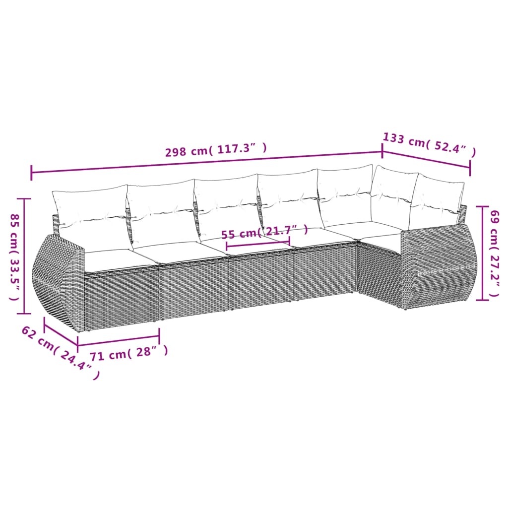 6-teiliges Gartensofa-Set mit Kissen, grau, Polyrattan