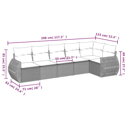 6-teiliges Gartensofa-Set mit Kissen, grau, Polyrattan