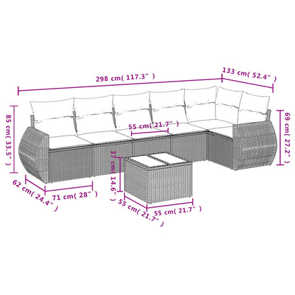 7-teiliges Gartensofa-Set mit Kissen, schwarzes Polyrattan
