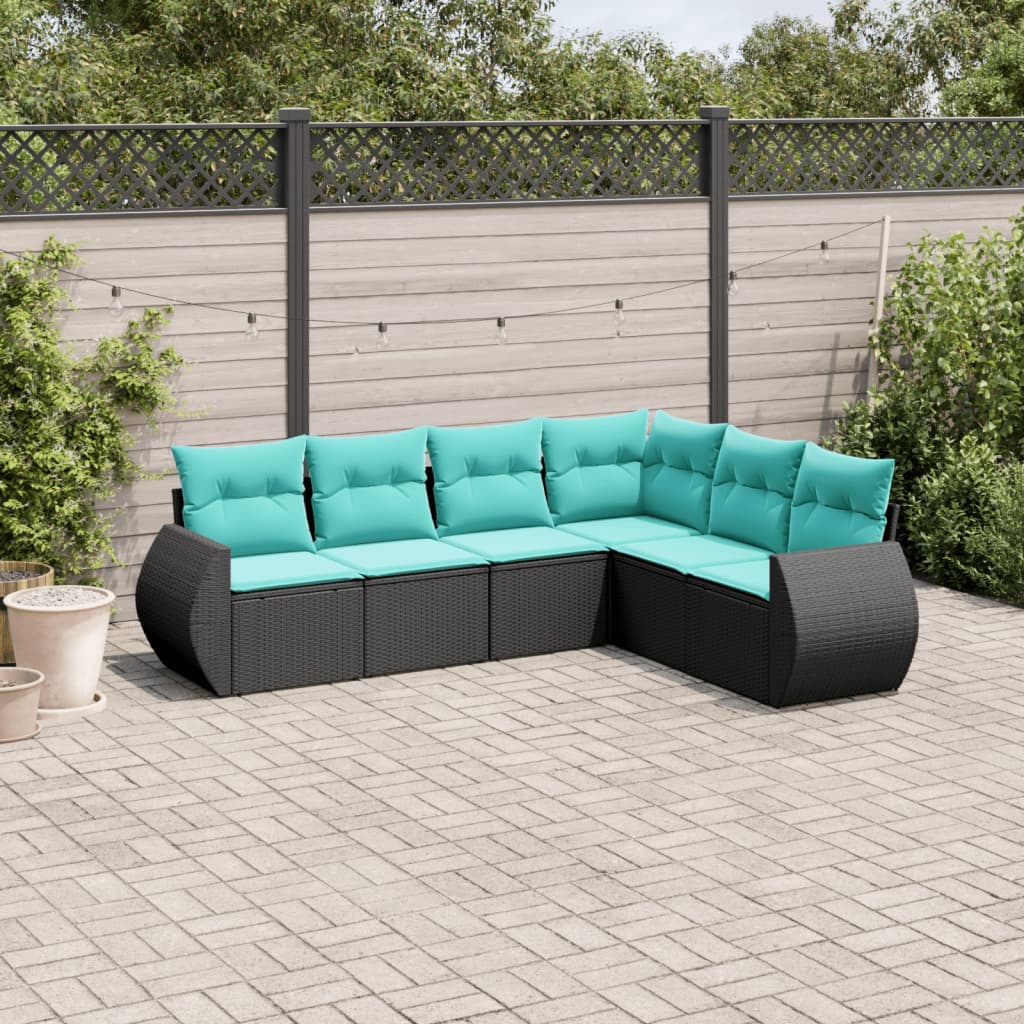 6-teiliges Gartensofa-Set mit Kissen, schwarzes Polyrattan