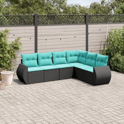 6-teiliges Gartensofa-Set mit Kissen, schwarzes Polyrattan