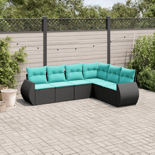 6-teiliges Gartensofa-Set mit Kissen, schwarzes Polyrattan