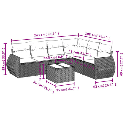 7-teiliges Gartensofa-Set mit Kissen, schwarzes Polyrattan