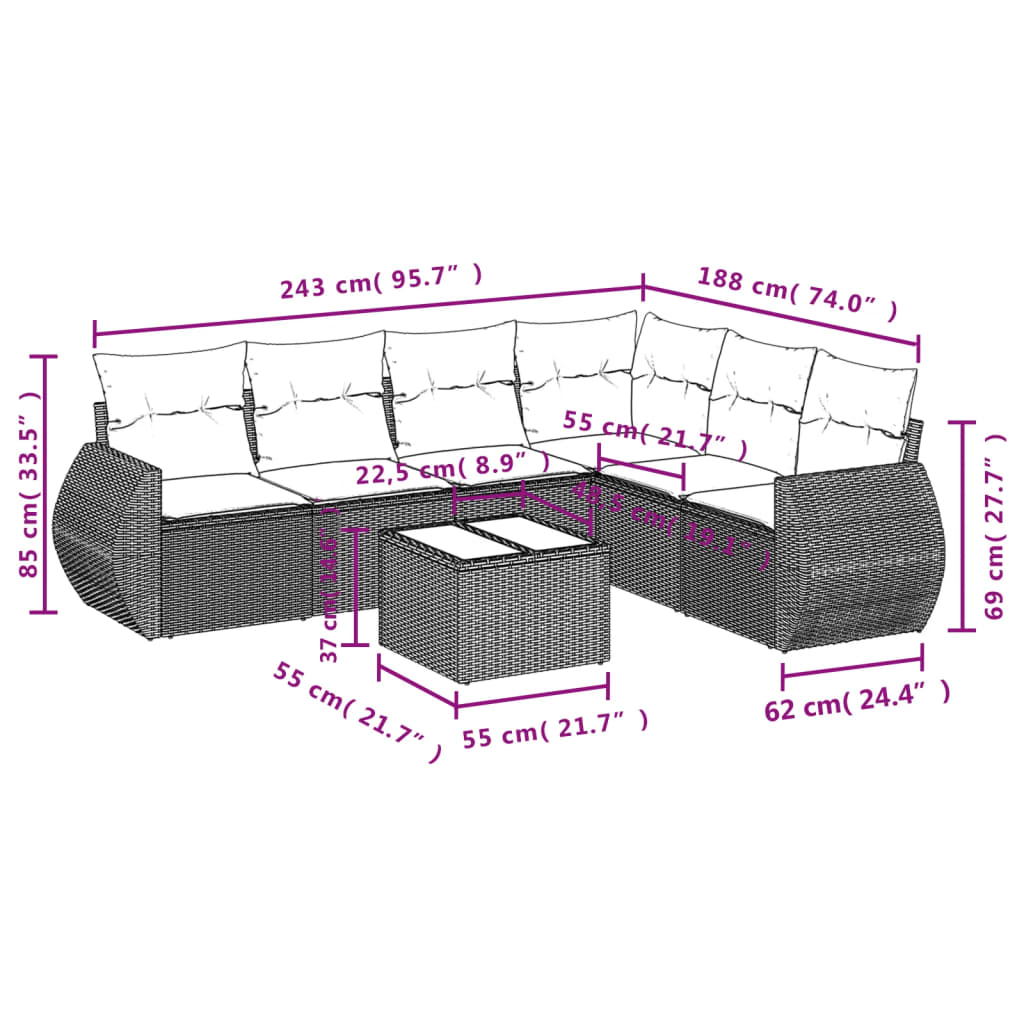 7-teiliges Gartensofa-Set mit Kissen, braun, Polyrattan